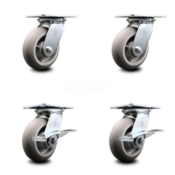 6 Inch Thermoplastic Rubber Swivel Caster Set with Ball Bearings 2 Brakes SCC